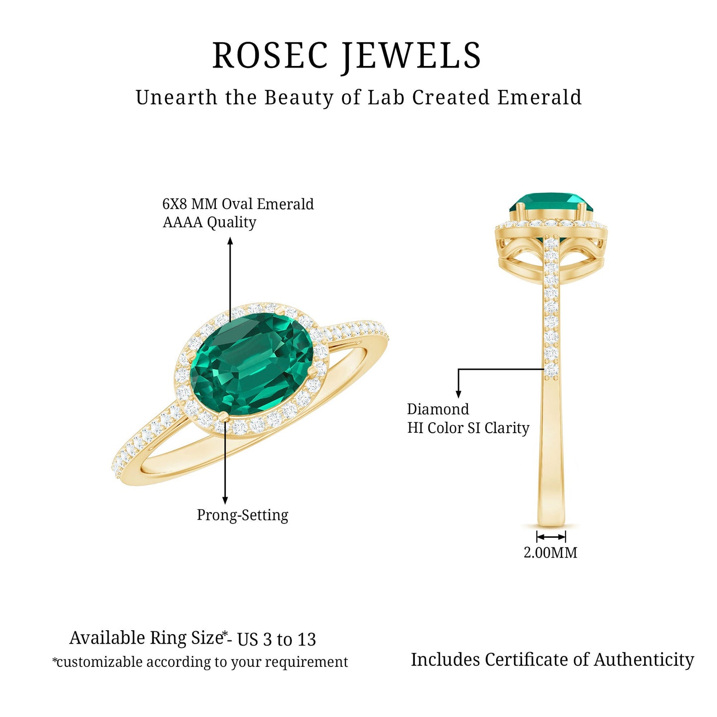 Certified Oval Lab Grown Emerald East West Engagement Ring with Diamond Halo