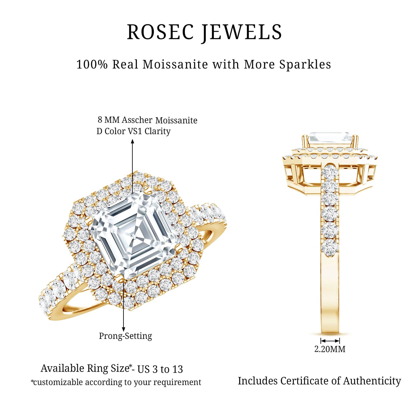 Certified Asscher Cut Moissanite Double Halo Engagement Ring