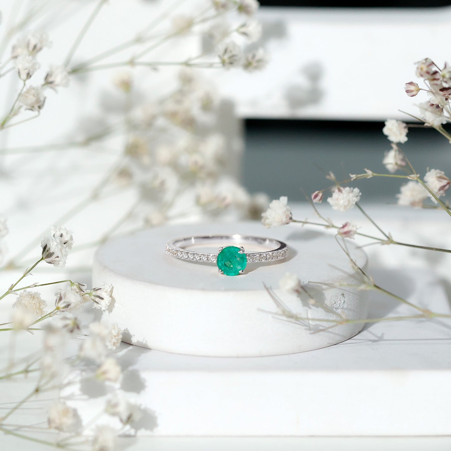Natural Emerald Promise Ring with Diamond Side Stones