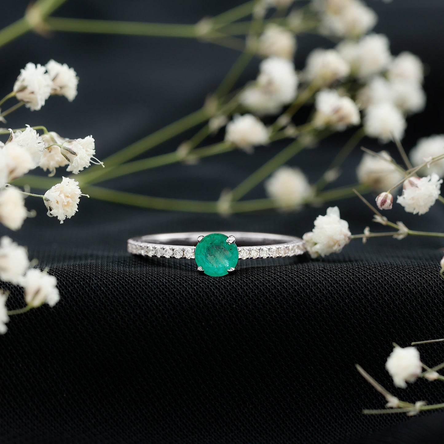 Natural Emerald Promise Ring with Diamond Side Stones
