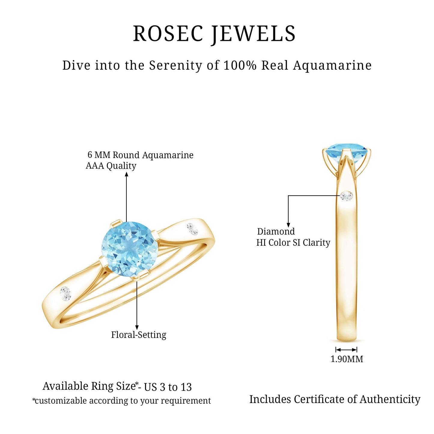 6 MM Certified Aquamarine Solitaire Promise Ring with Diamond
