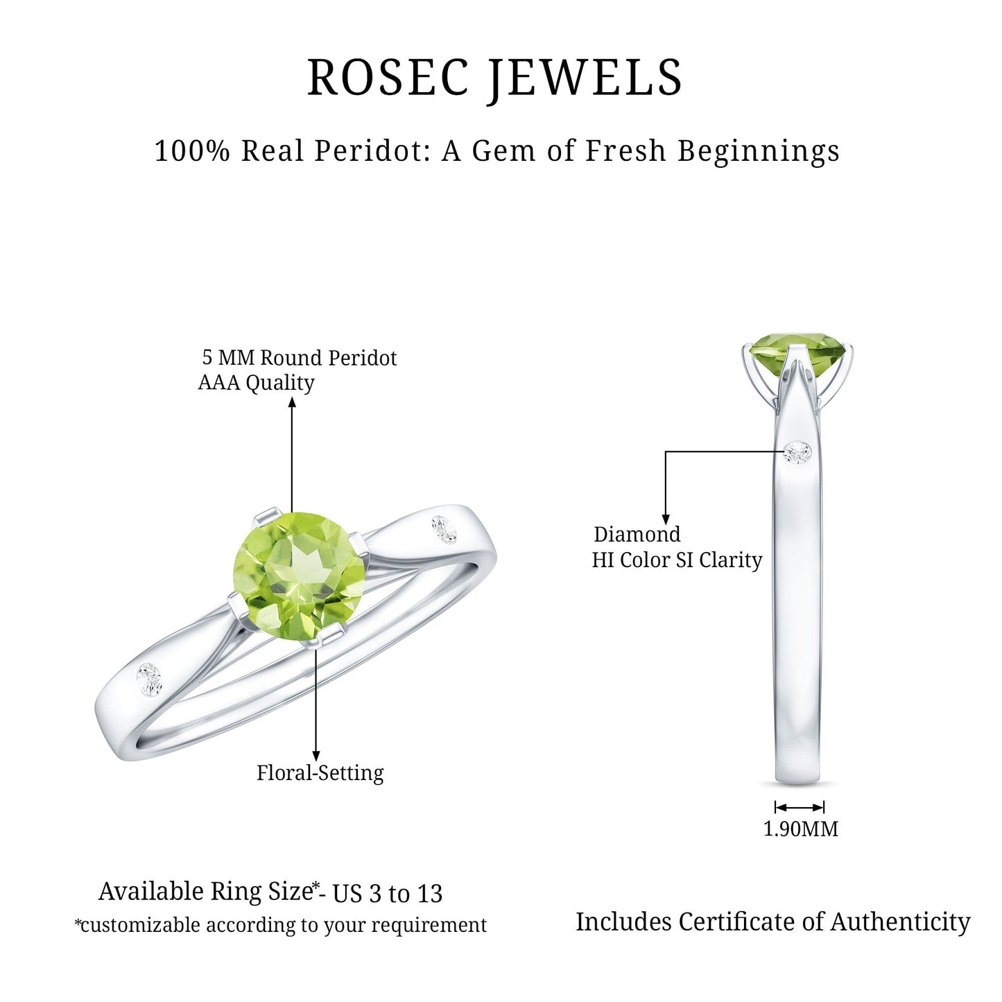 Natural 0.5 Carat Peridot Promise Ring with Diamond