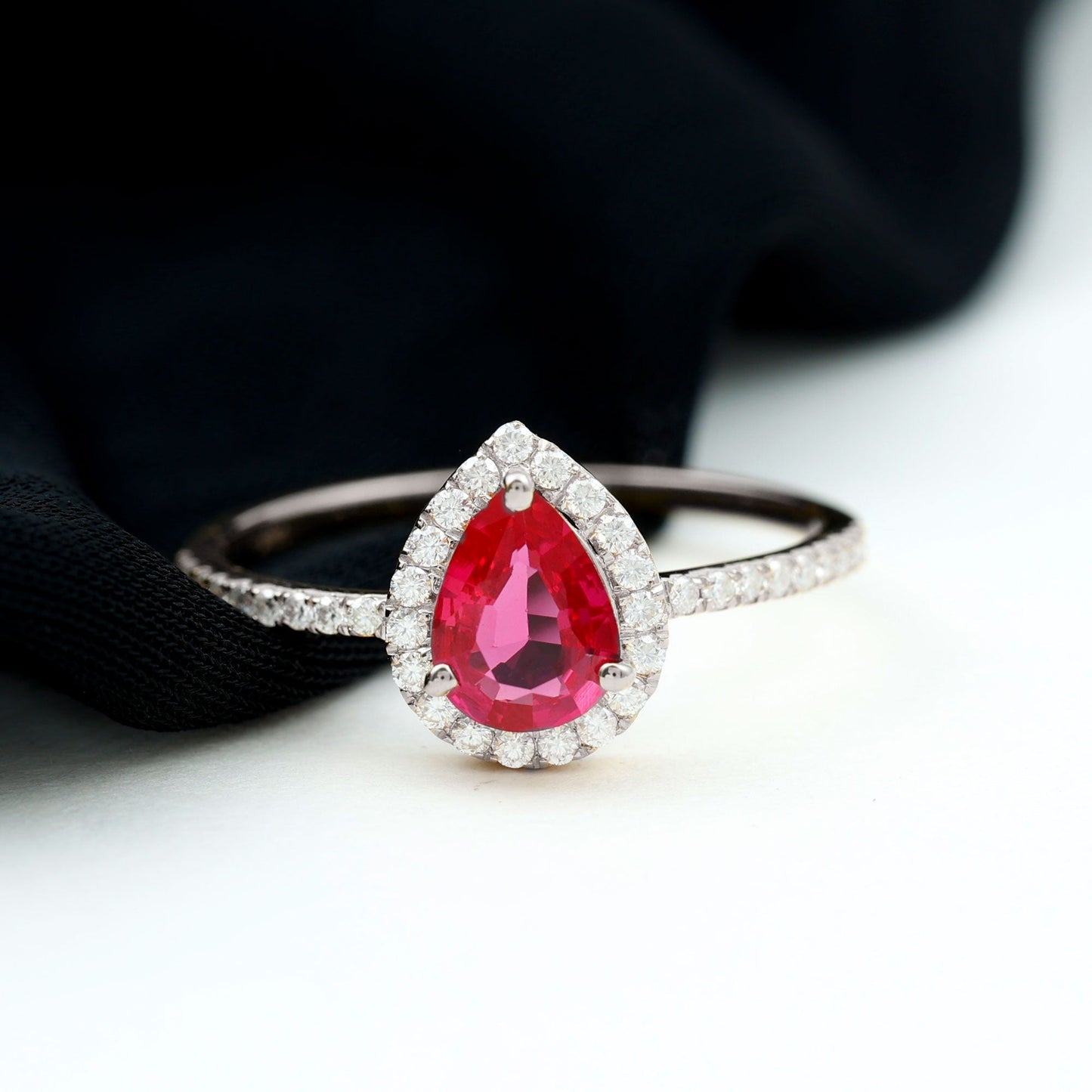 1 Carat Lab Created Ruby Teardrop Engagement Ring with Diamond Halo