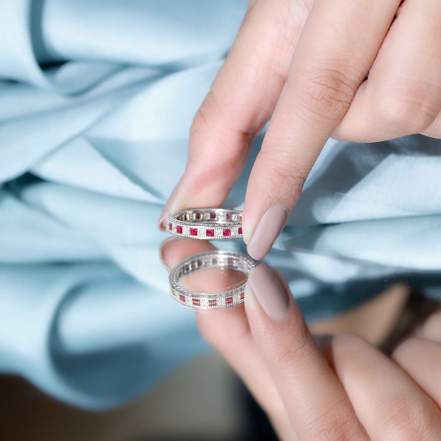 Certified Natural Princess Cut Ruby Eternity Ring with Moissanite