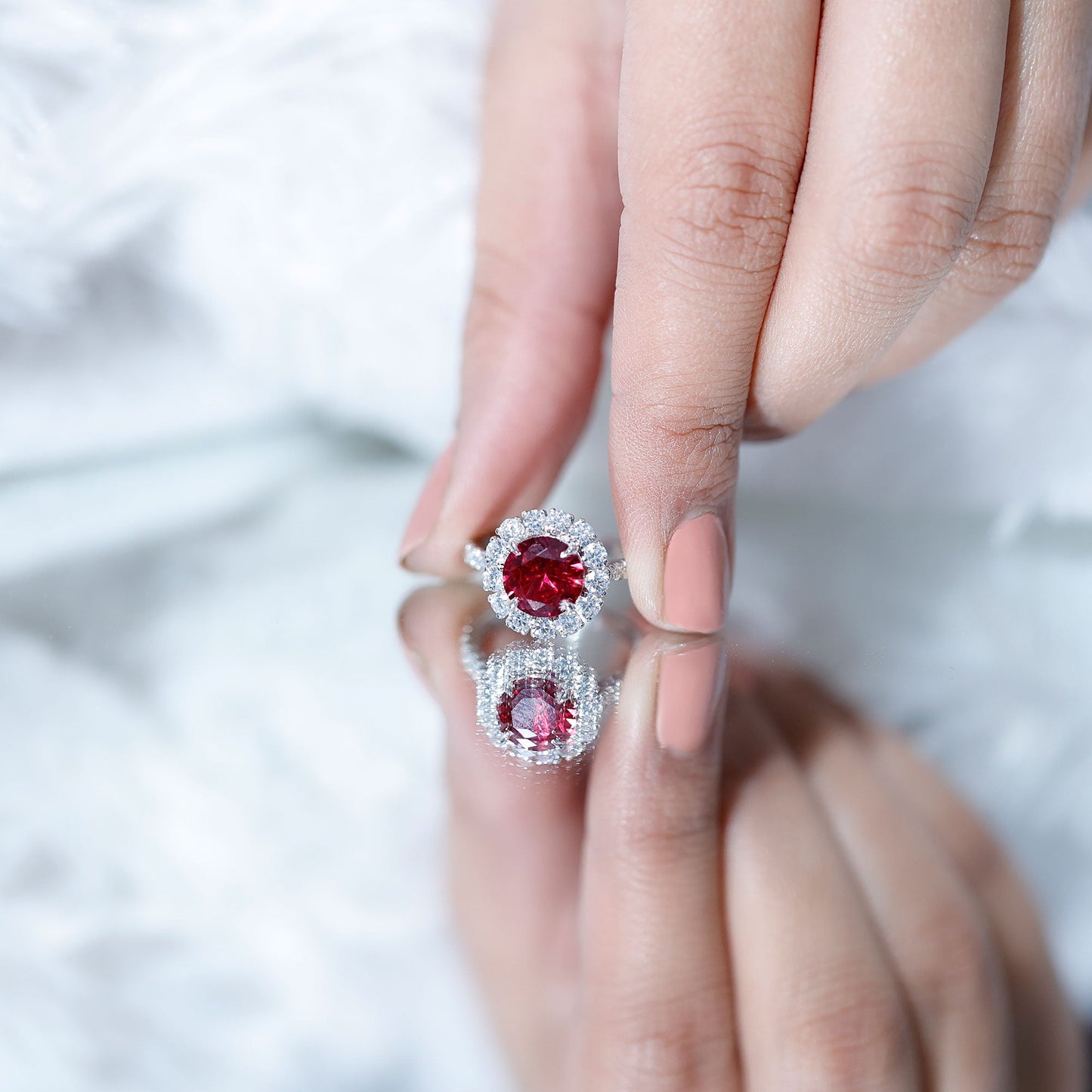 Round Lab Created Ruby and Moissanite Halo Engagement Ring