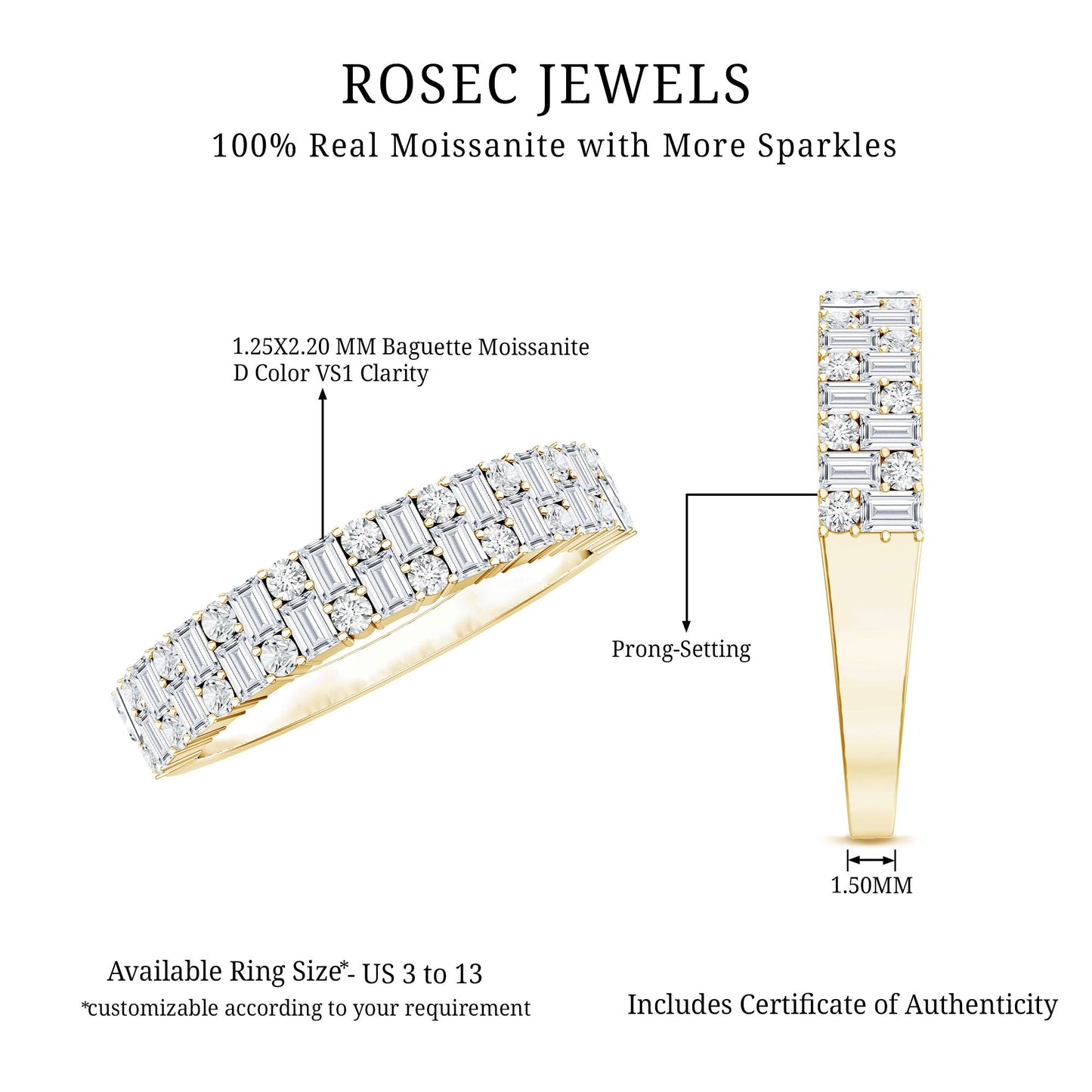 Baguette and Round Certified Moissanite Half Eternity Band Ring