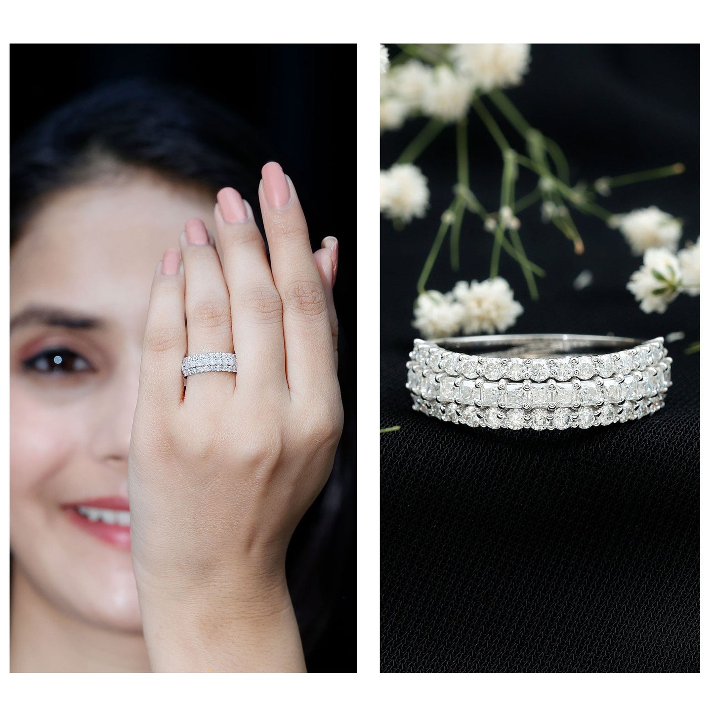 Classic Moissanite Three Row Wedding Band Ring