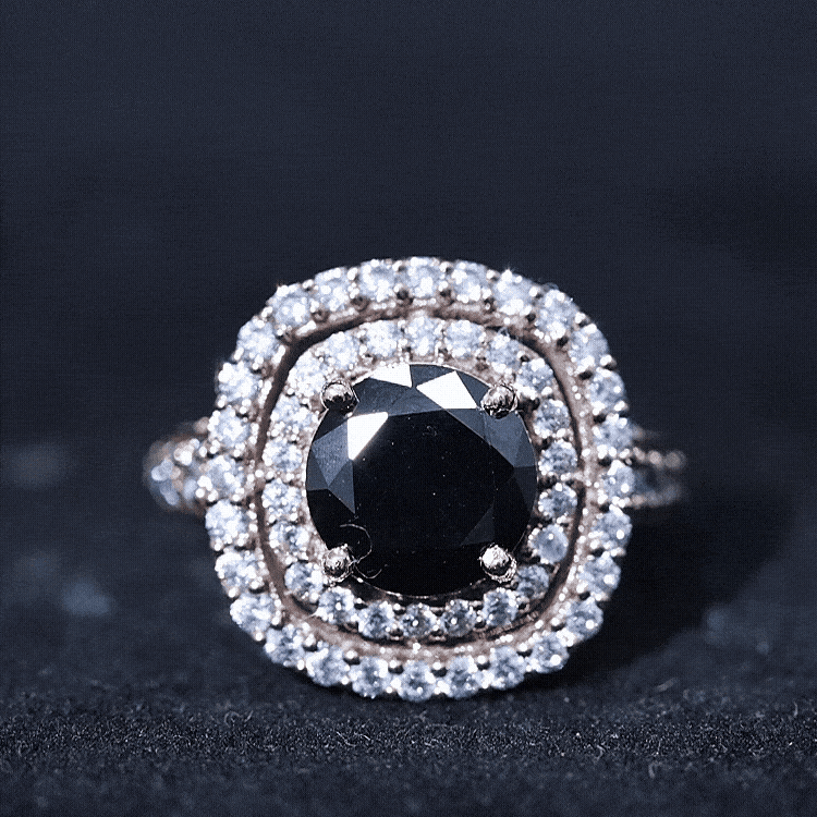 Certified 2 Carat Lab Grown Black Diamond Double Halo Engagement Ring with Moissanite