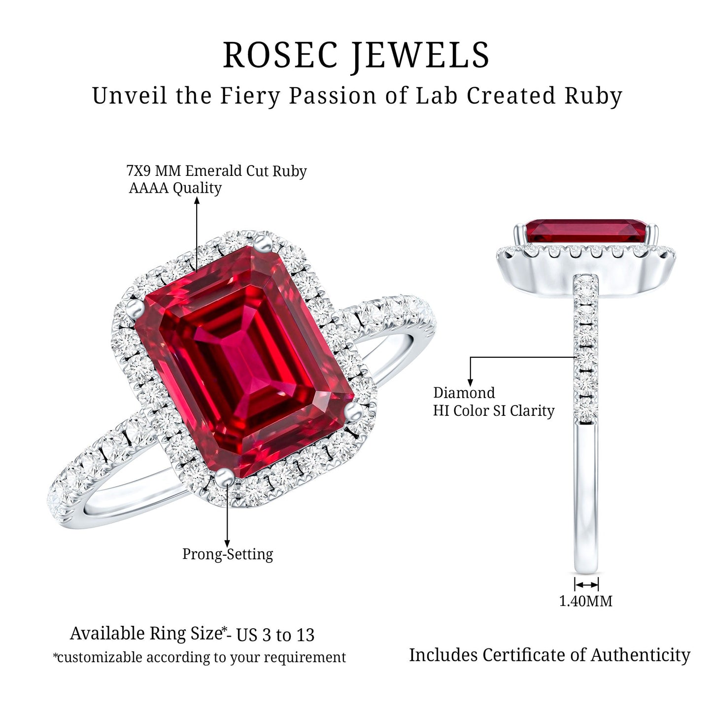 Lab Created Emerald Cut Ruby Engagement Ring with Diamond Halo