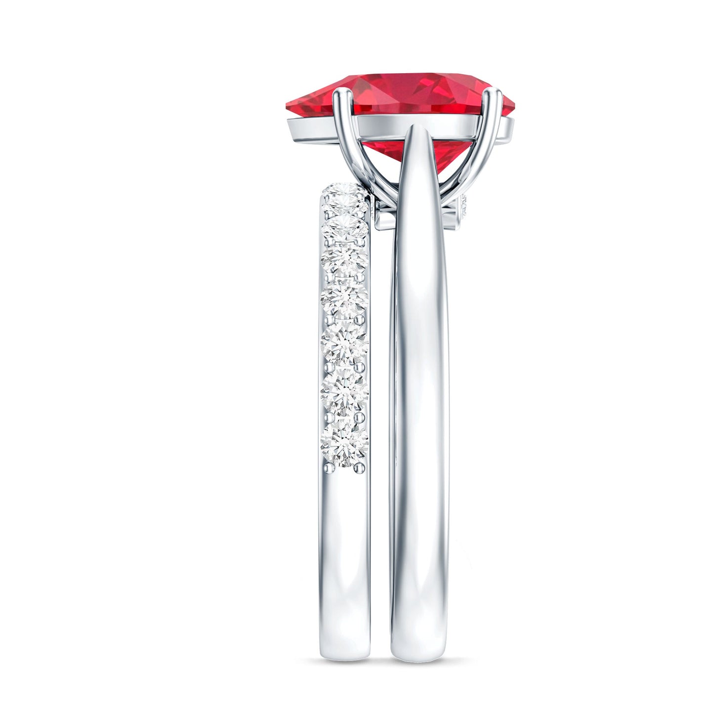 Pear Shape Created Ruby Solitaire Wedding Ring Set with Moissanite