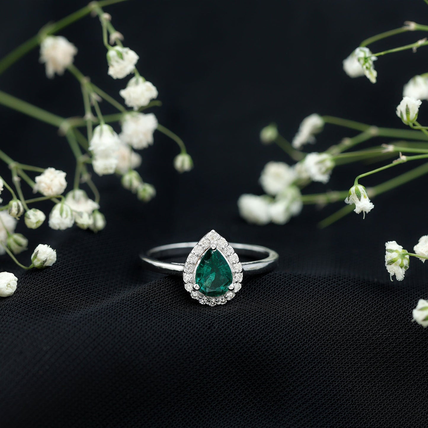 Real Emerald Teardrop Engagement Ring with Diamond Halo