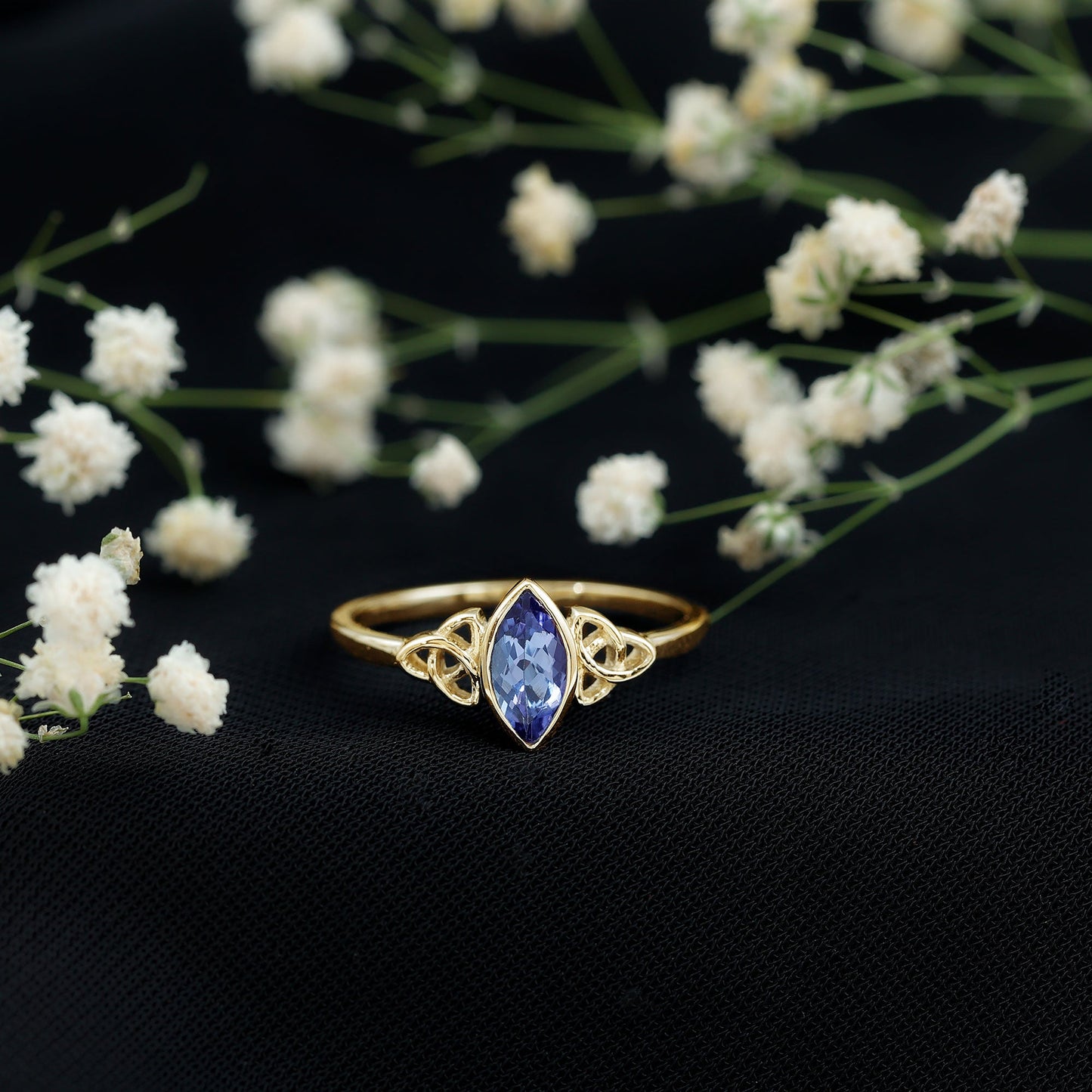 Natural Bezel Set Marquise Tanzanite Promise Ring with Celtic Knot