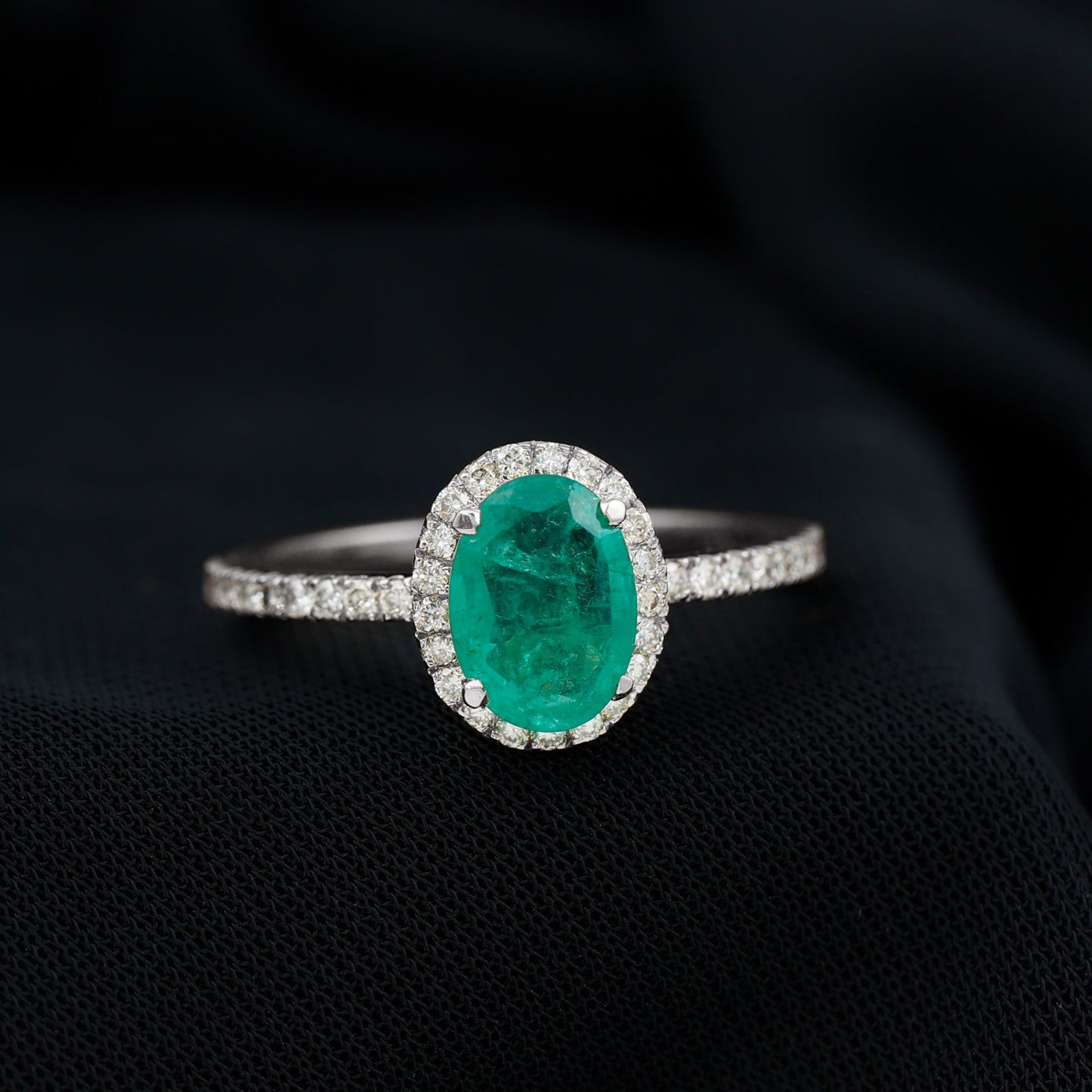Genuine 6X8MM Oval Emerald Engagement Ring with Diamond Halo