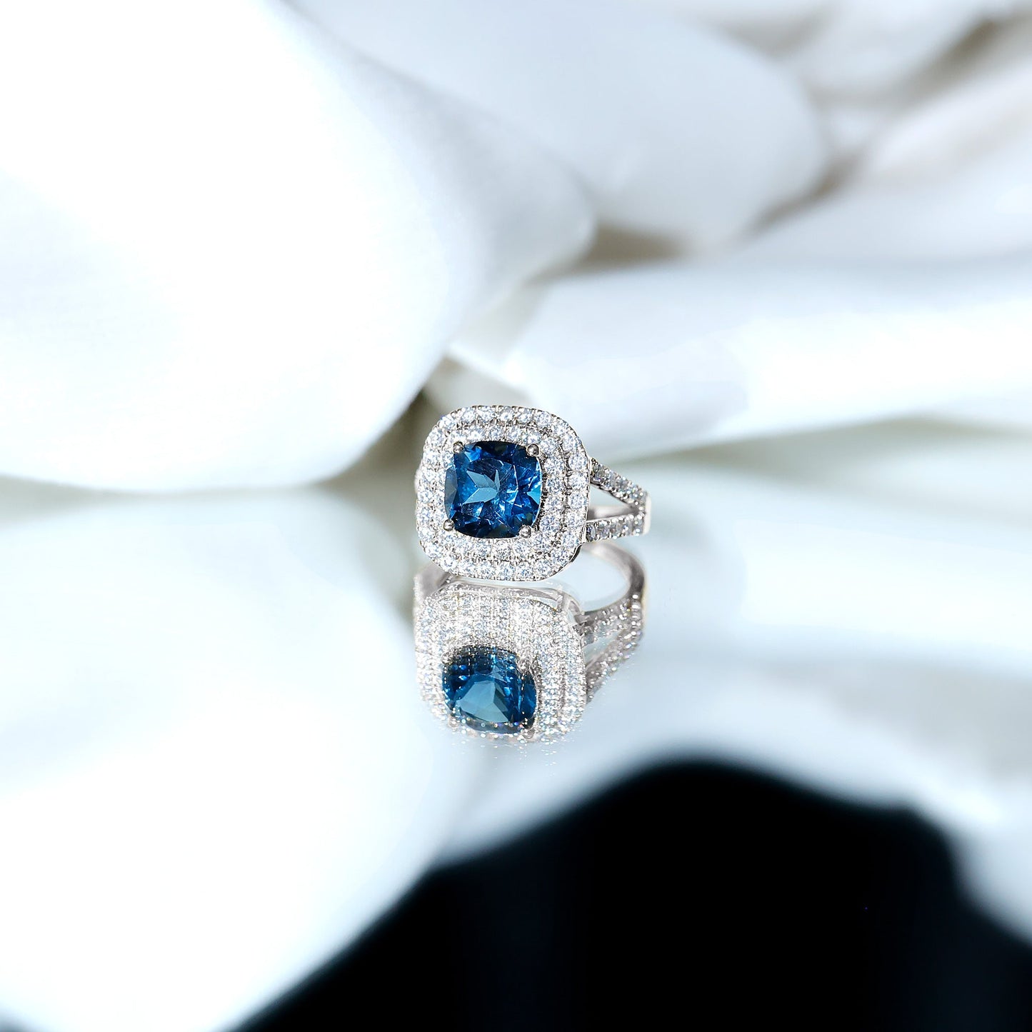 Real 8mm Cushion Cut London Blue Topaz Double Halo Engagement Ring with Moissanite