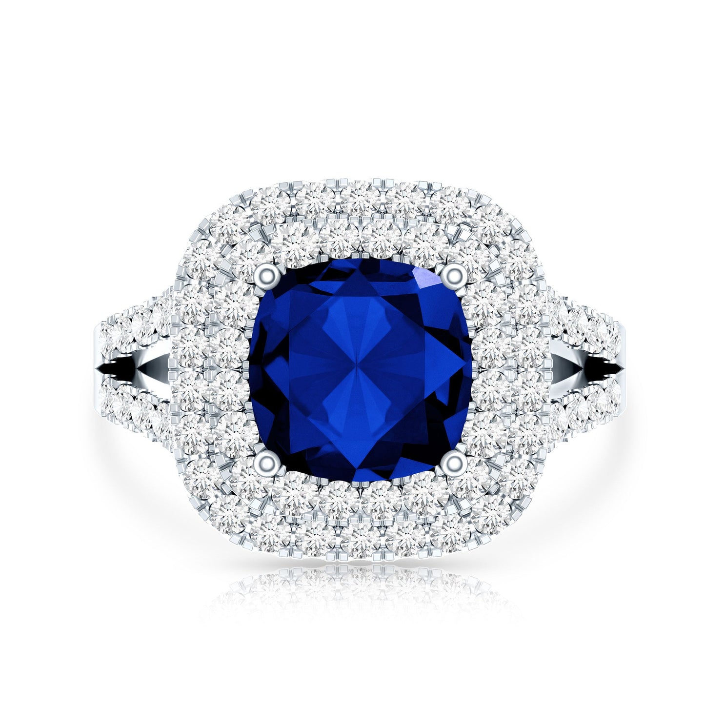 2.7 Carat Cushion Cut Lab Grown Blue Sapphire Engagement Ring with Double Halo