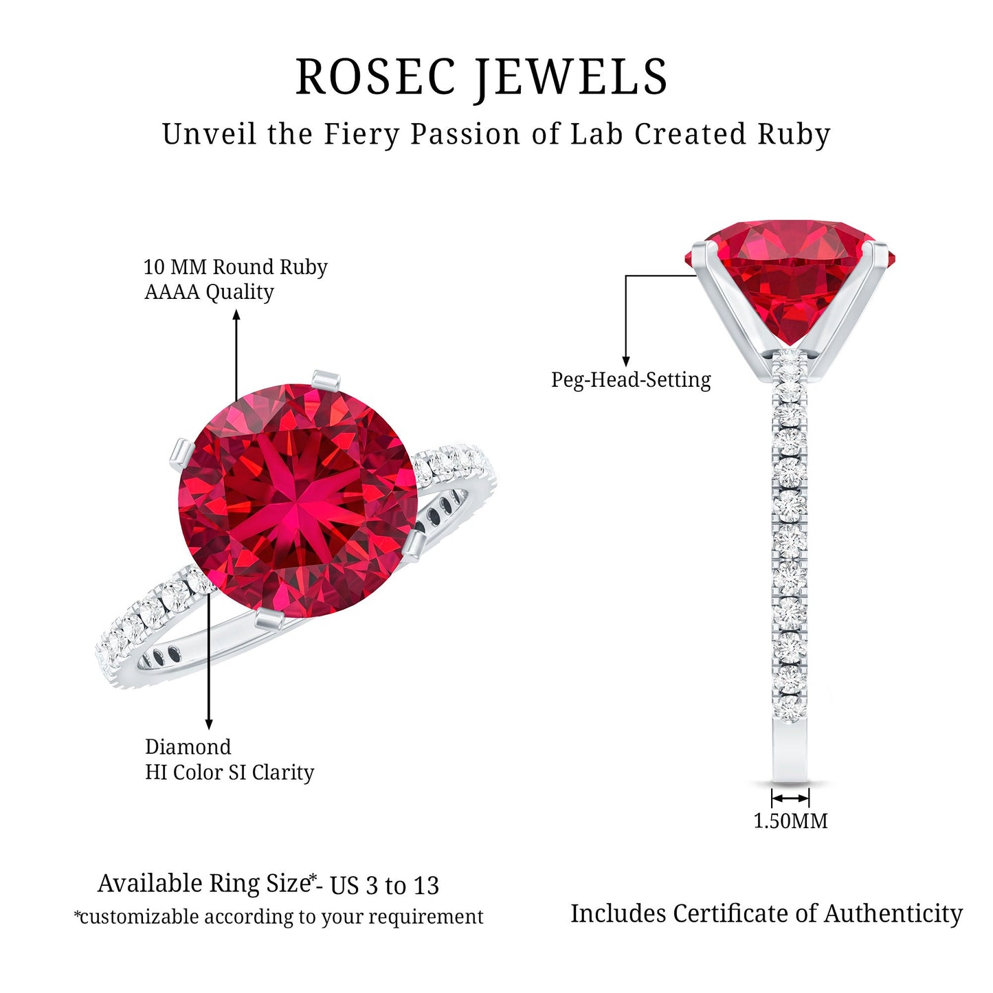 5 Carat Lab Created Ruby Solitaire Engagement Ring with Real Diamonds