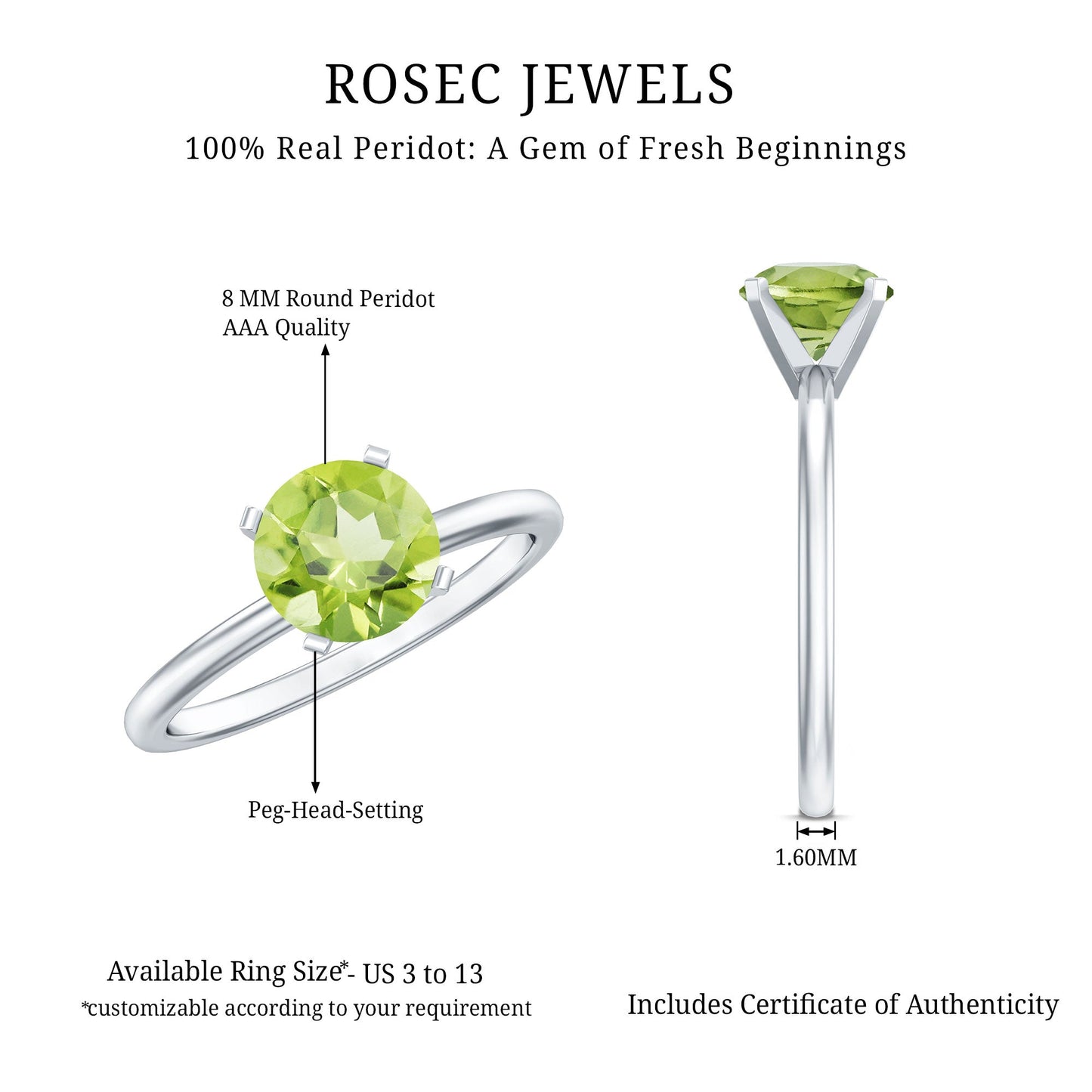 Natural 2 Carat Peridot Solitaire Engagement Ring for Women