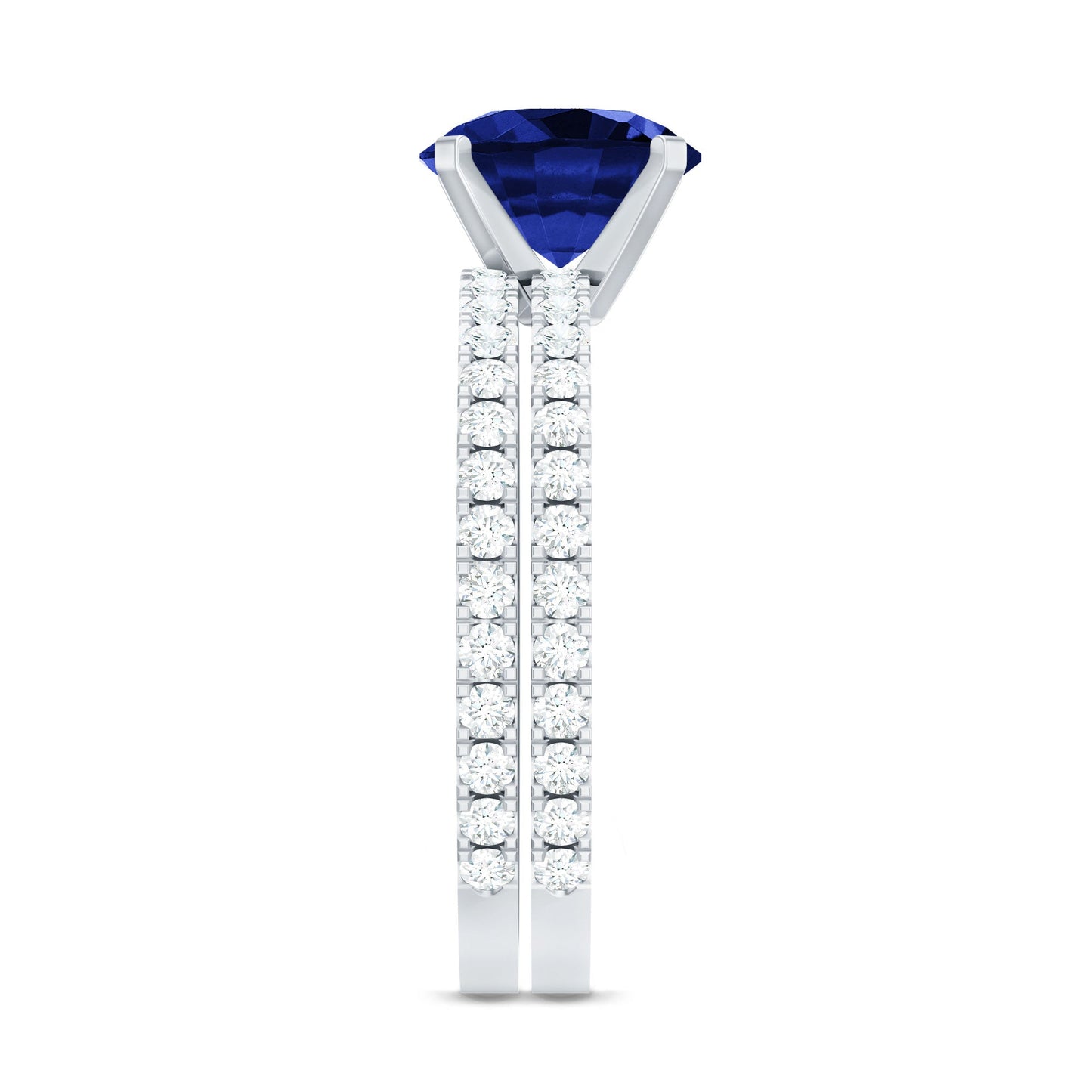 Round Lab Grown Blue Sapphire Solitaire Ring Set with Diamond