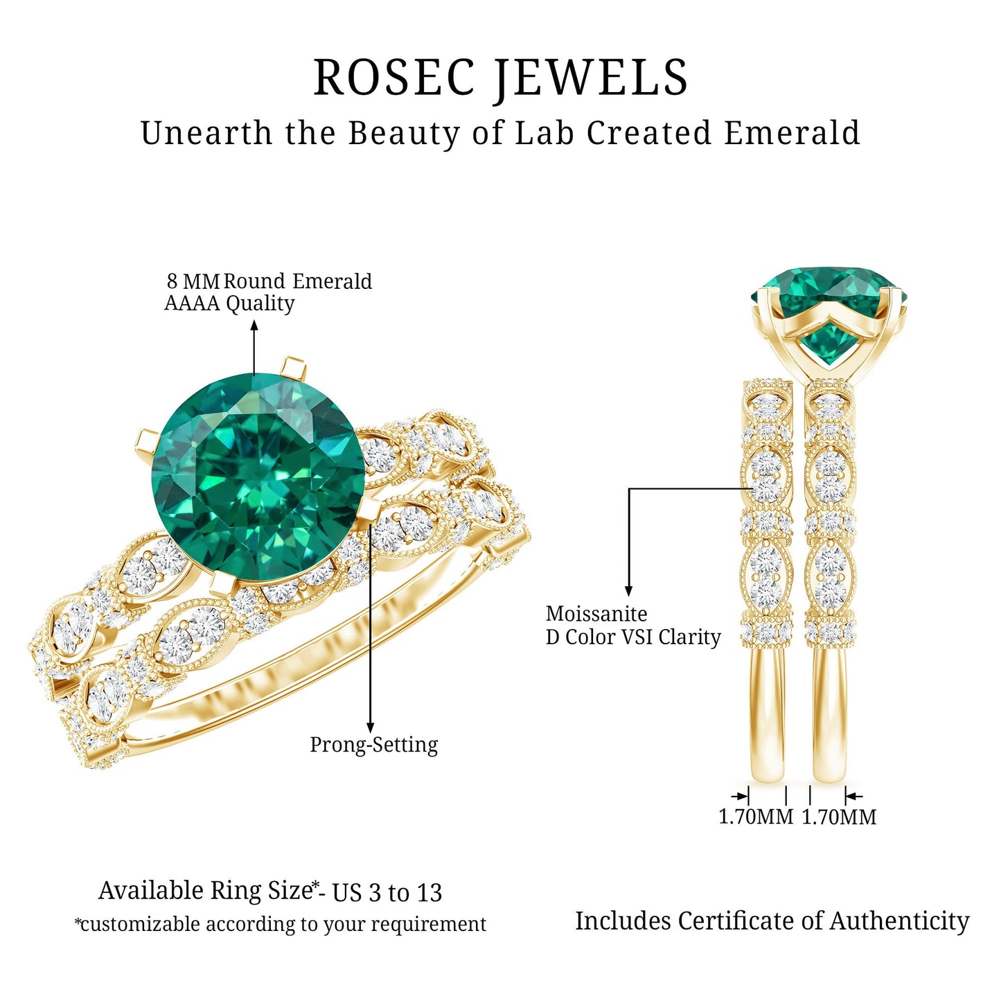 2 Carat Round Lab Created Emerald and Moissanite Vintage Inspired Ring Set