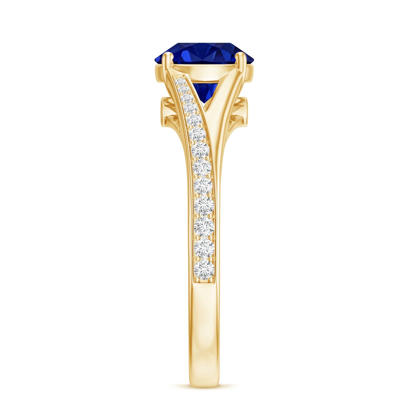 2.7 Carat Round Lab Grown Blue Sapphire Engagement Ring with Diamond Split Shank