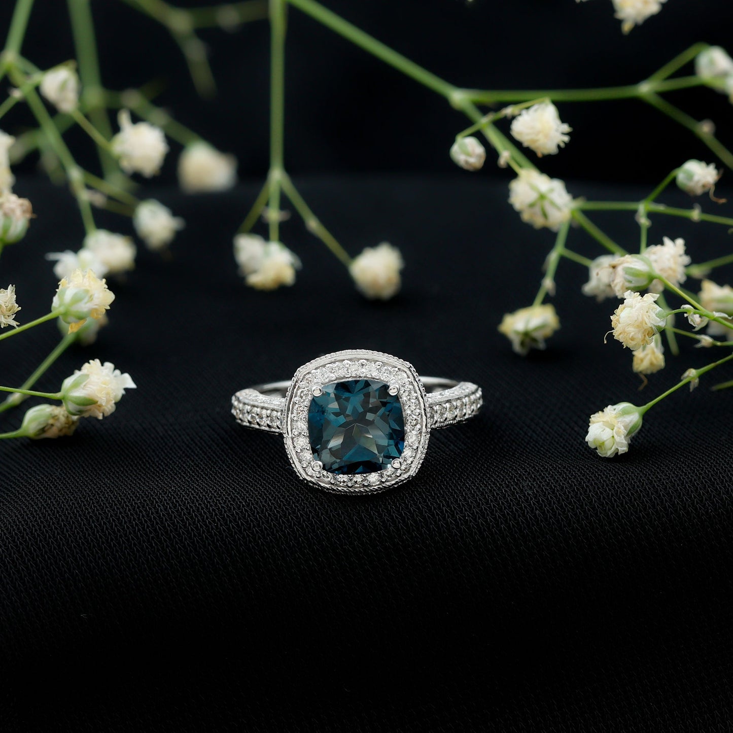 2.8 Carat Cushion Cut London Blue Topaz Halo Engagement Ring with Diamond