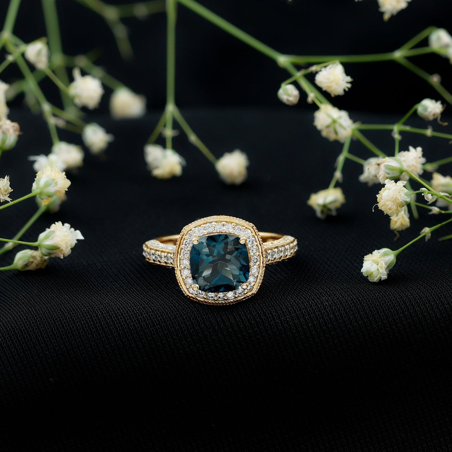 2.8 Carat Cushion Cut London Blue Topaz Halo Engagement Ring with Diamond