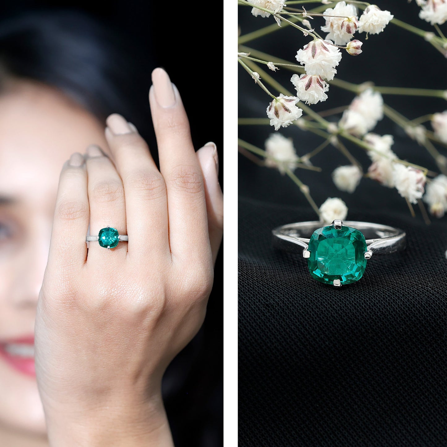 Cushion Cut Lab Grown Emerald Solitaire Engagement Ring