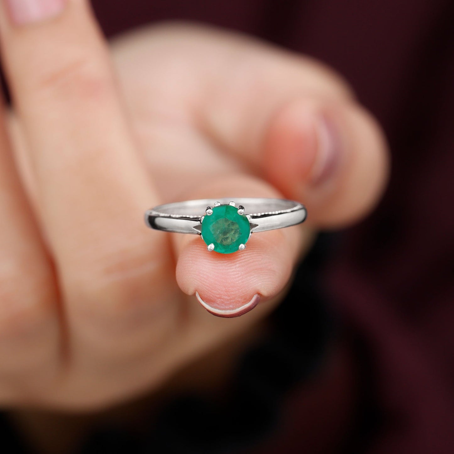 0.49 Carat May Birthstone Emerald Solitaire Ring with Milgrain Detailing
