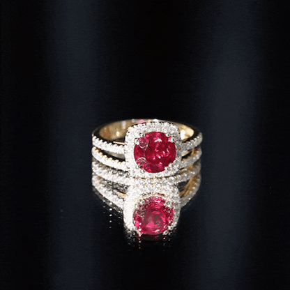 Lab Created Ruby and Moissanite Halo Wedding Ring Set for Bride