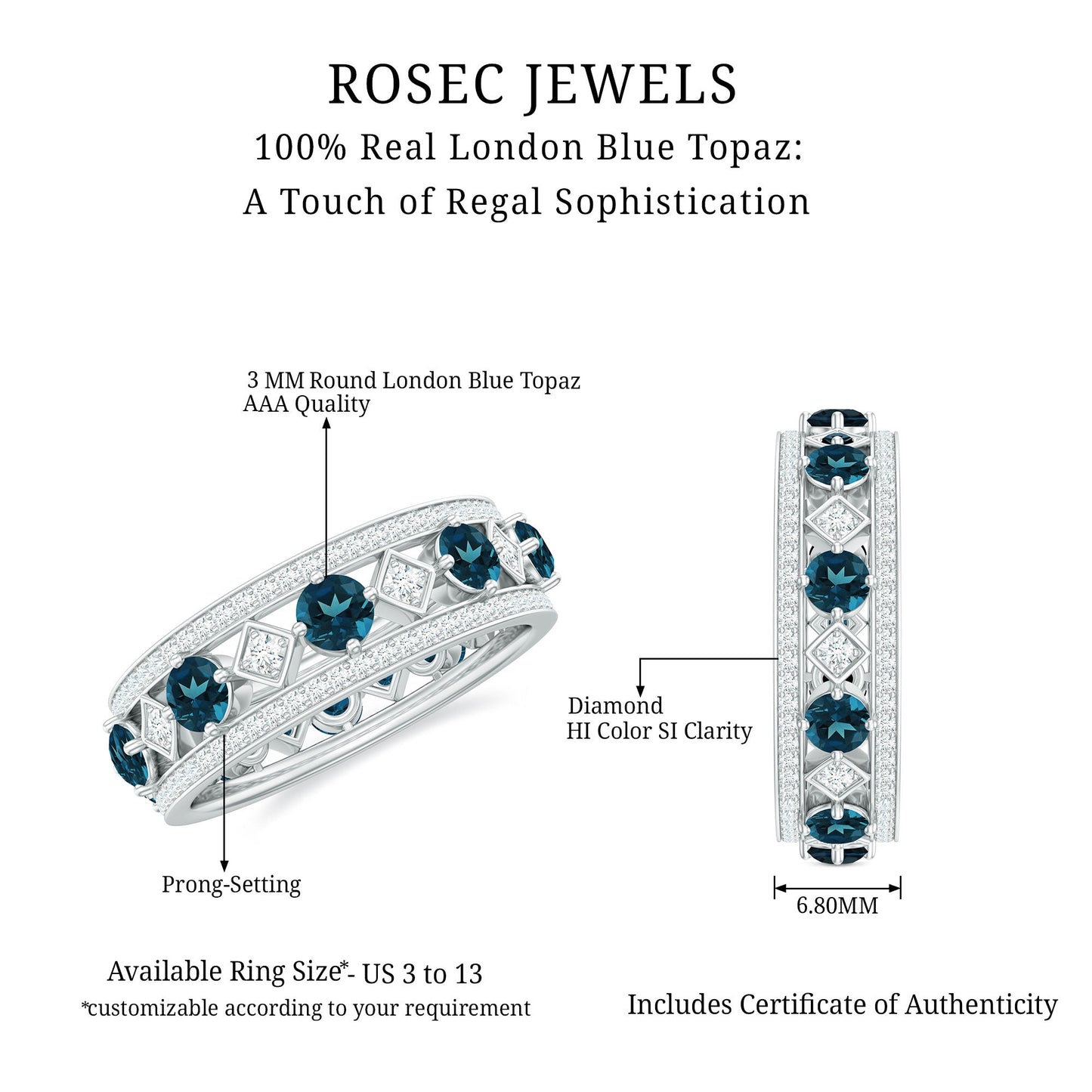 London Blue Topaz Vintage Inspired Eternity Band with Diamond