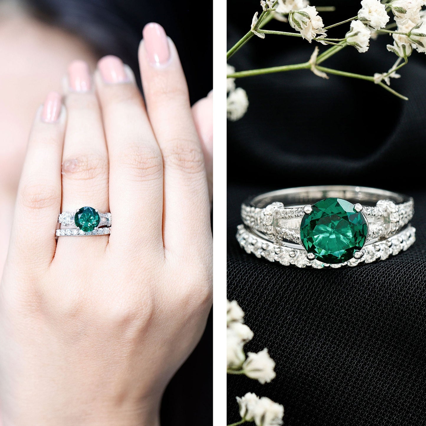 Designer Lab Grown Emerald Engagement Ring with Wedding Band