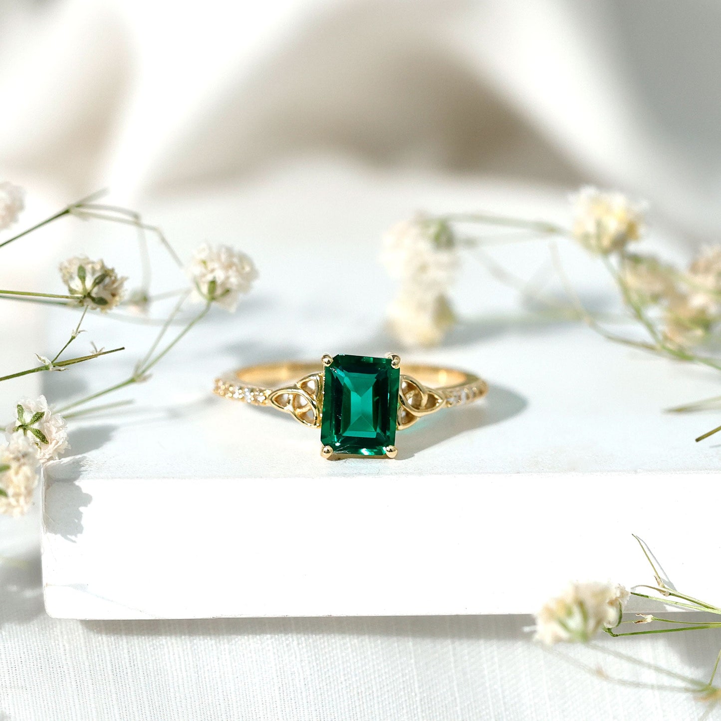 Solitaire Lab Created Emerald Celtic Engagement Ring with Diamond