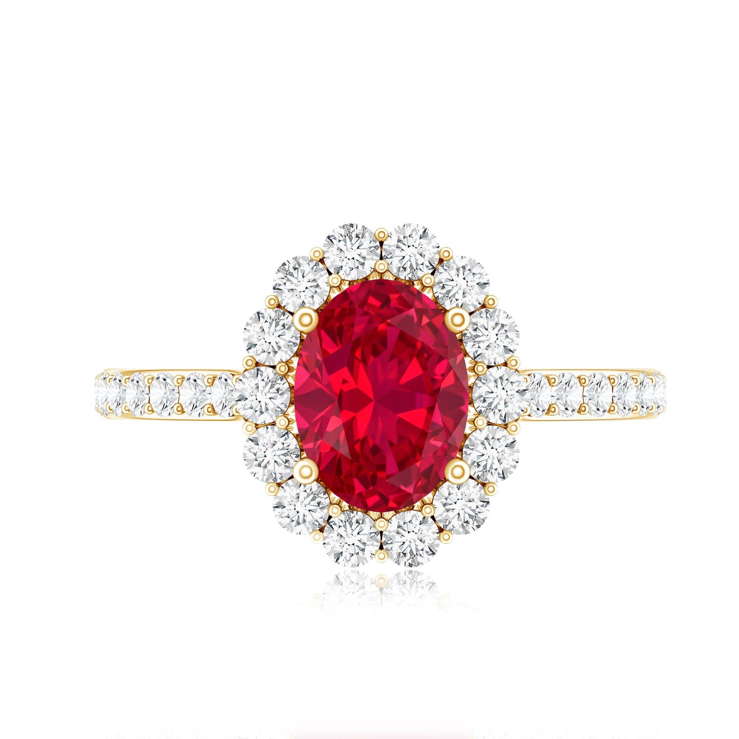 1.5 Carat Oval Cut Created Ruby Engagement Ring with Moissanite Halo