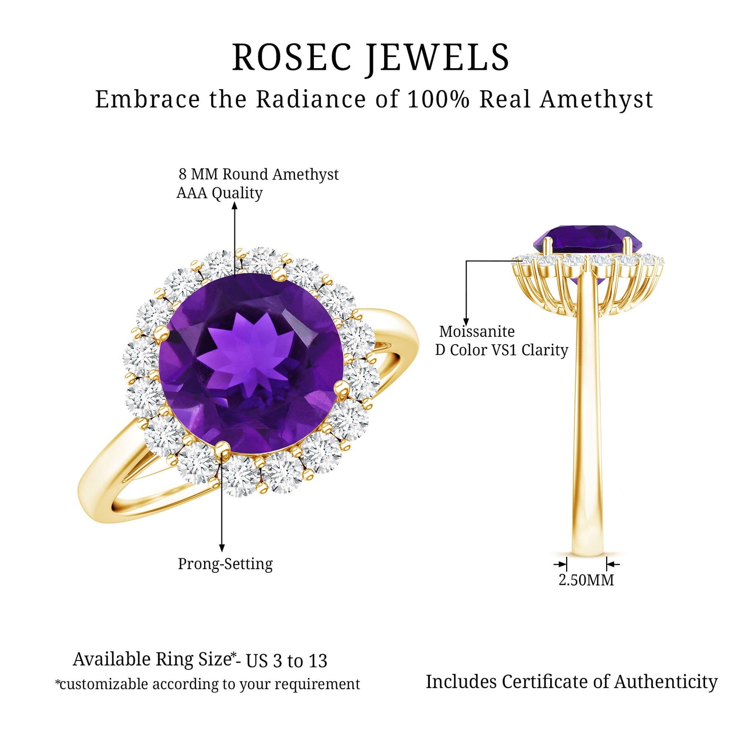 Certified Natural 2 Carat Amethyst Engagement Ring with Moissanite Halo
