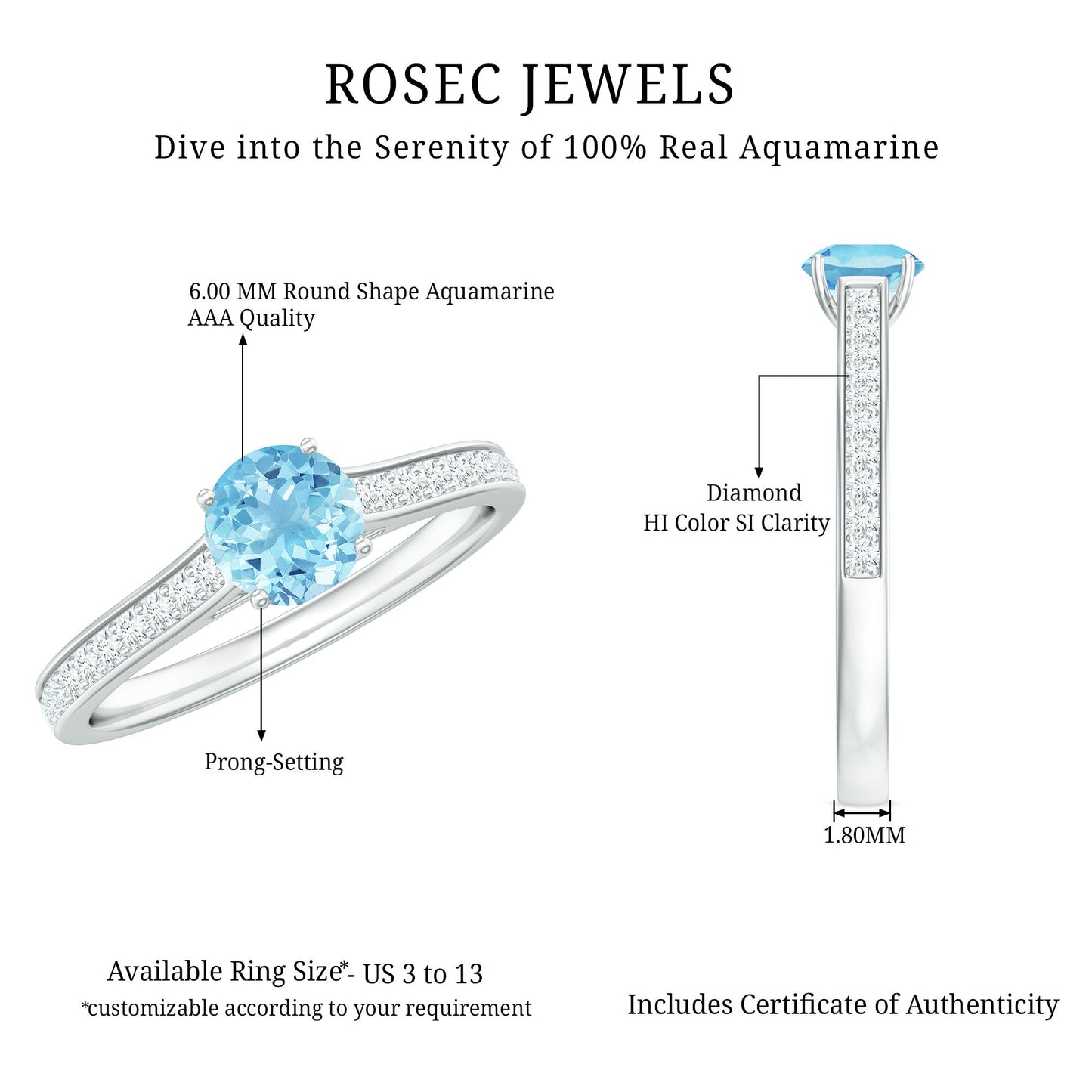 Certified Real Aquamarine Solitaire Ring with Diamond Side Stones