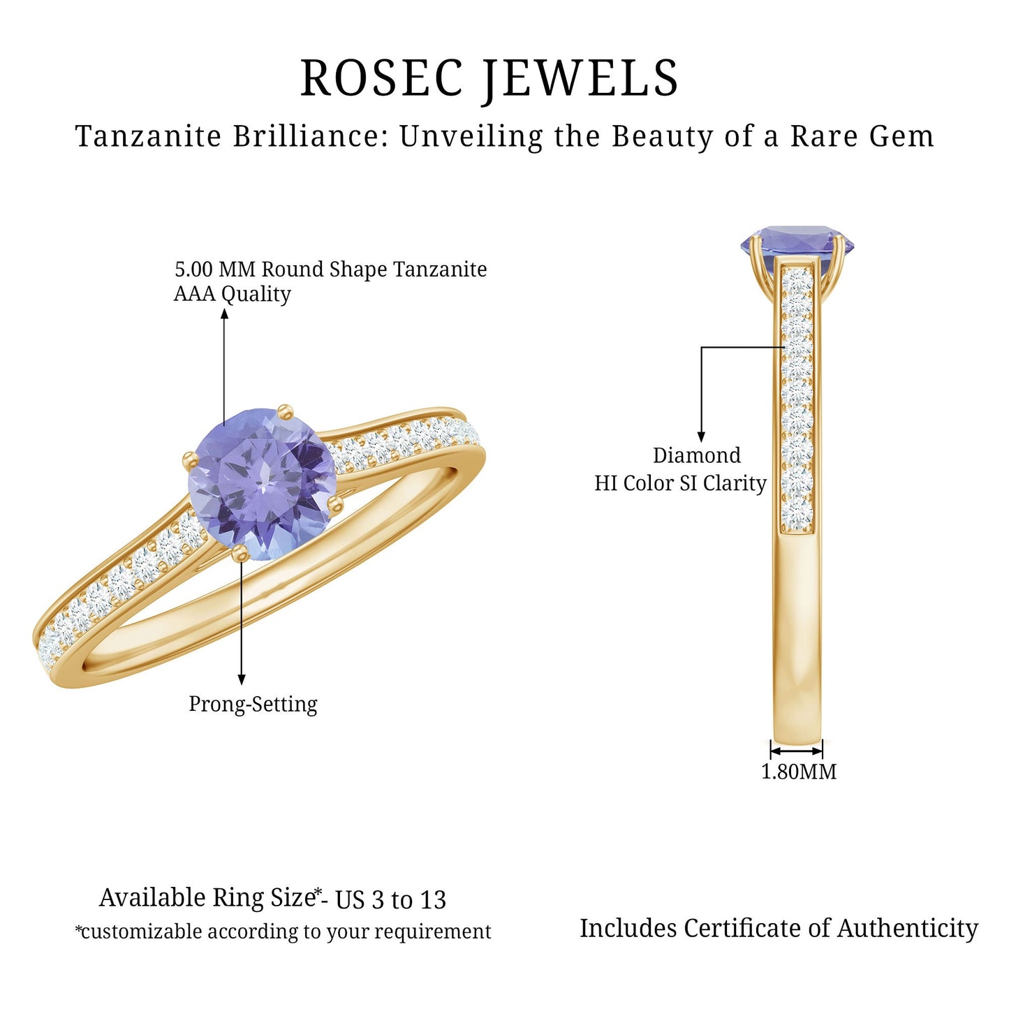 Natural Tanzanite Solitaire Engagement Ring with Diamond
