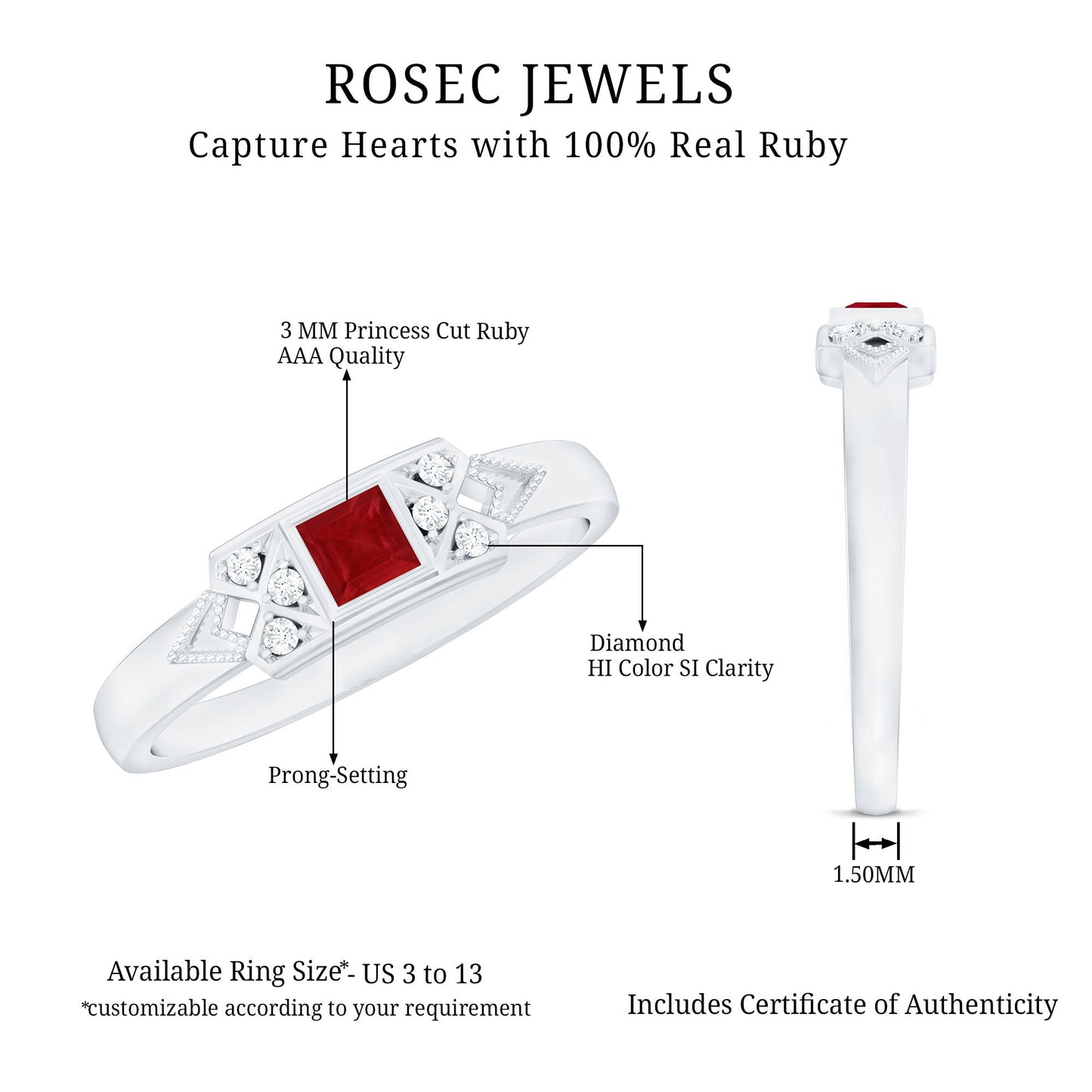 Art Deco Princess Cut Ruby Promise Ring with Diamond