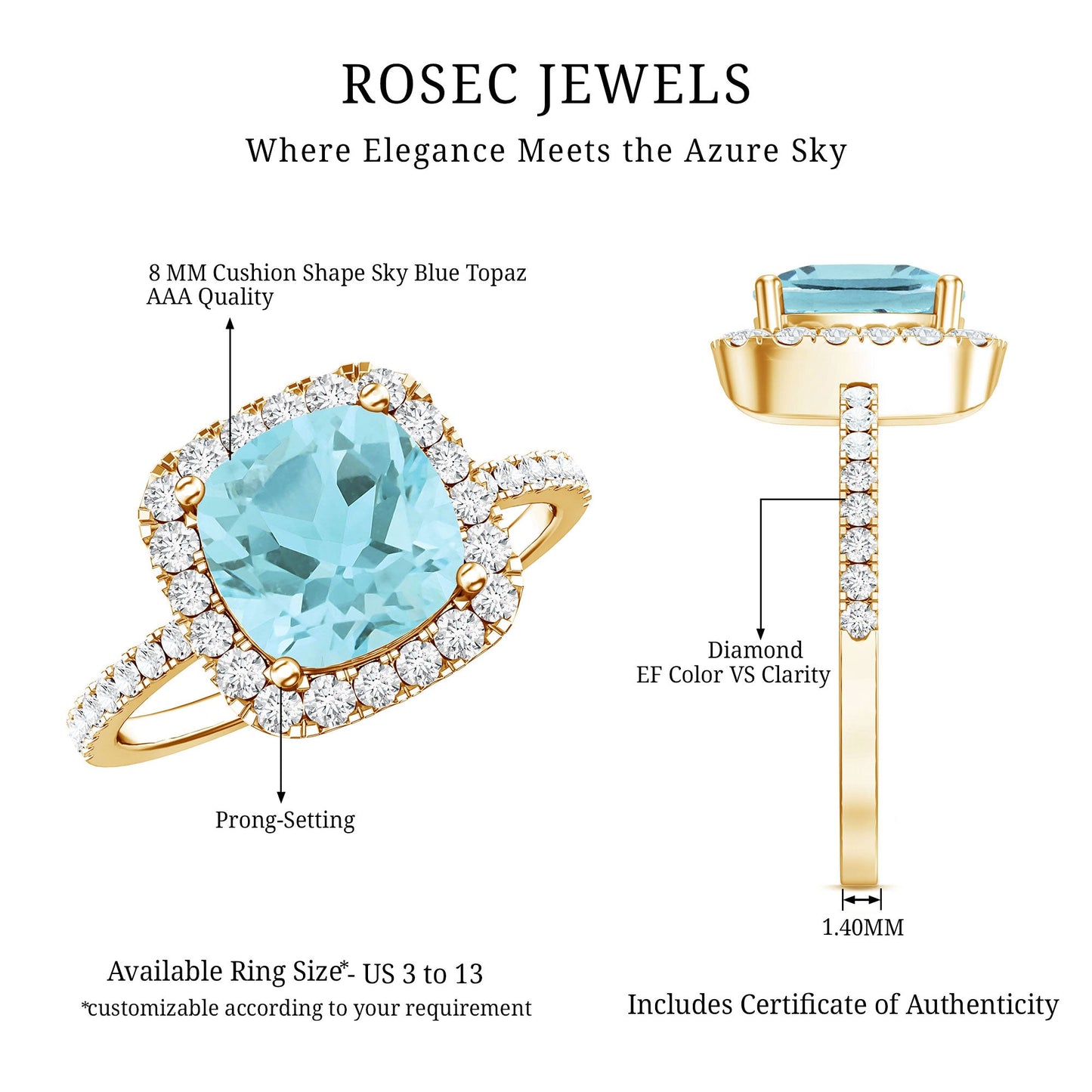 2 Carat Cushion Cut Sky Blue Topaz and Diamond Engagement Ring