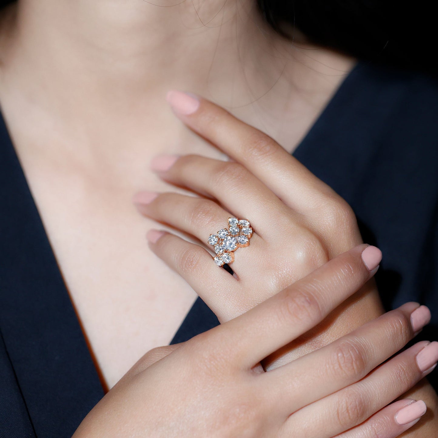Certified Round Moissanite Cluster Engagement Ring for Women