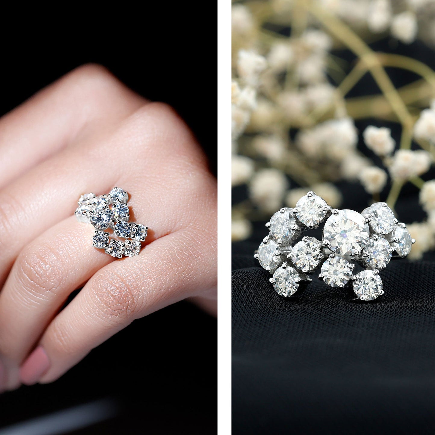 Certified Moissanite Cluster Statement Ring in Silver
