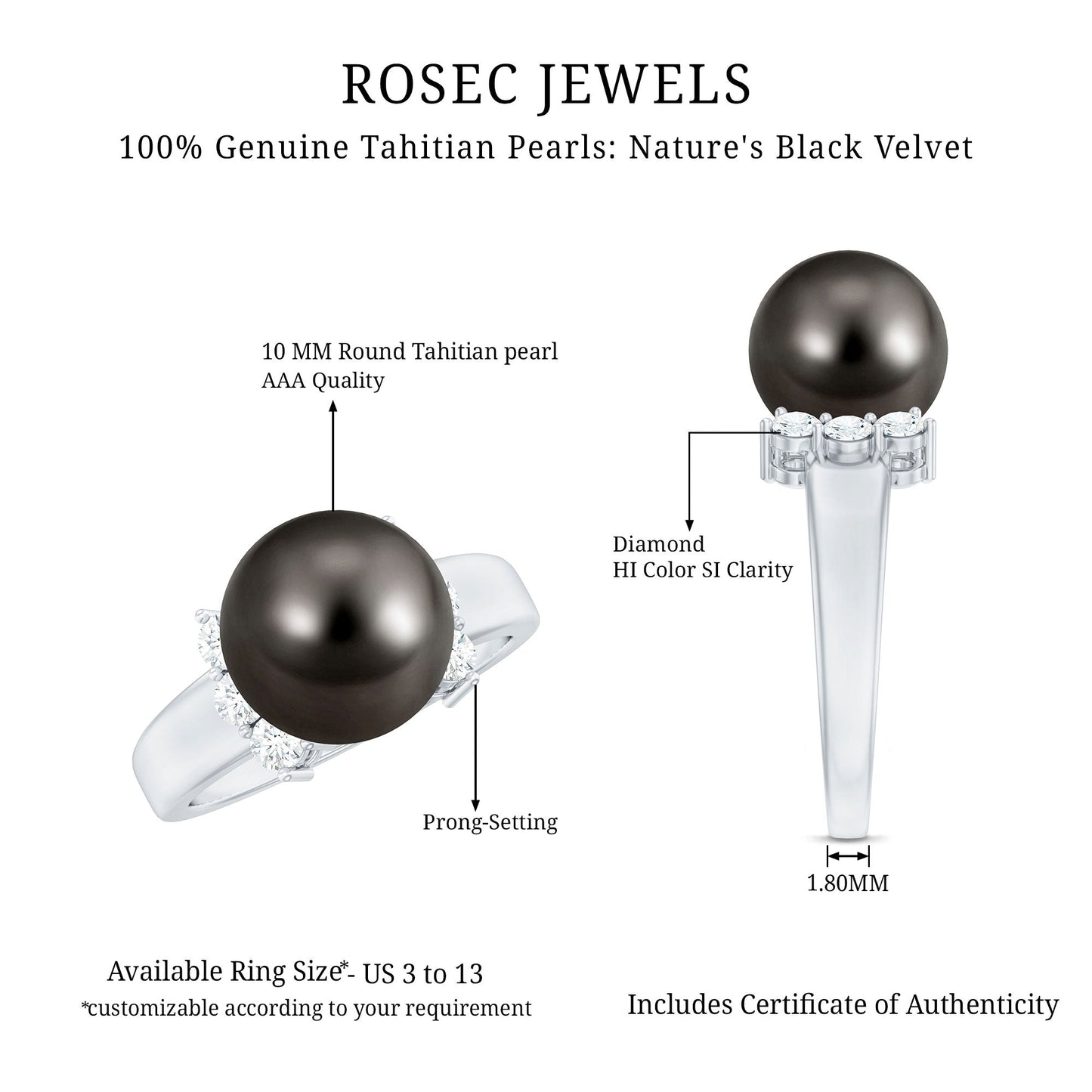 8 Carat Real Tahitian Black Pearl Solitaire Engagement Ring