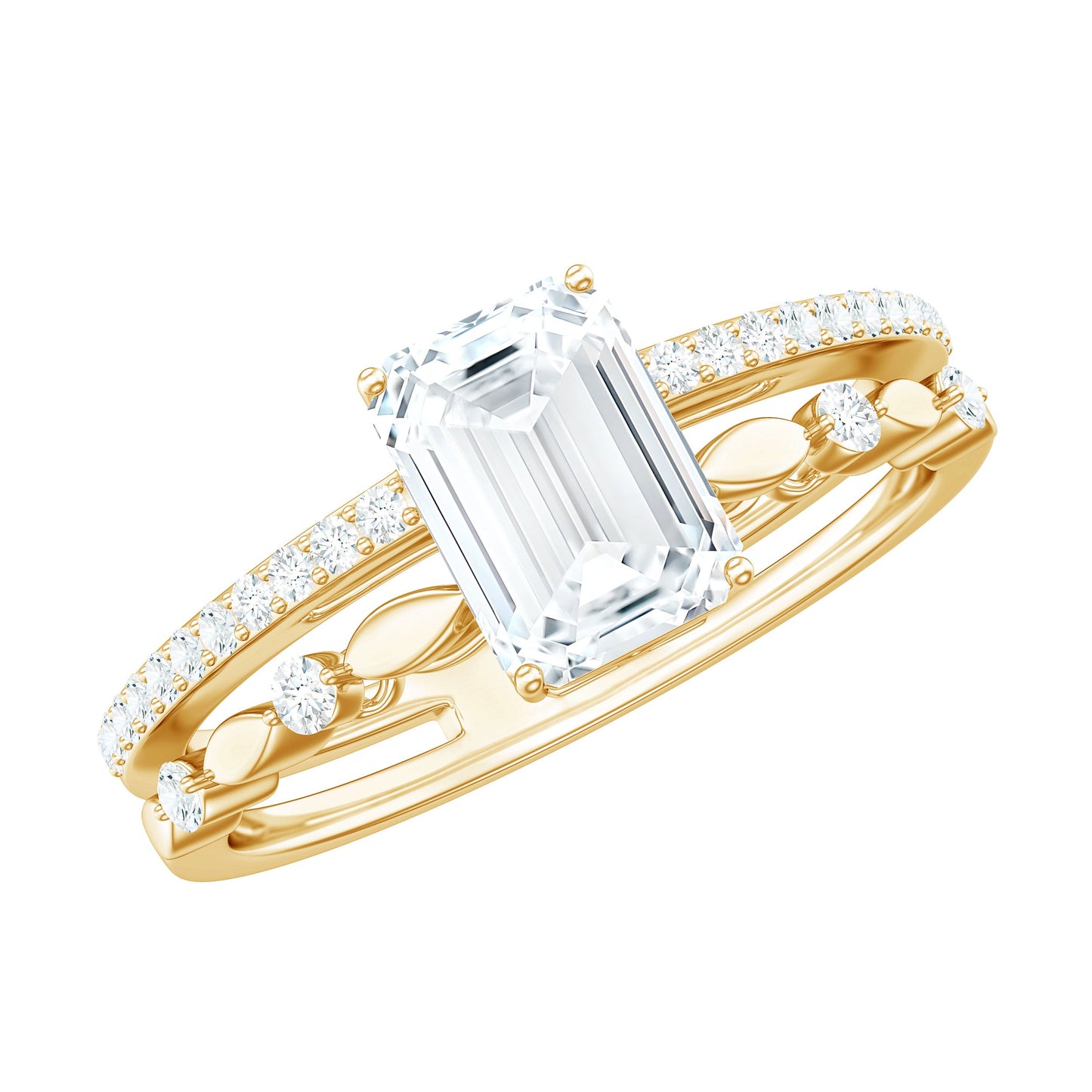 1.8 Carat Emerald Cut Moissanite Solitaire Engagement Double Band Ring