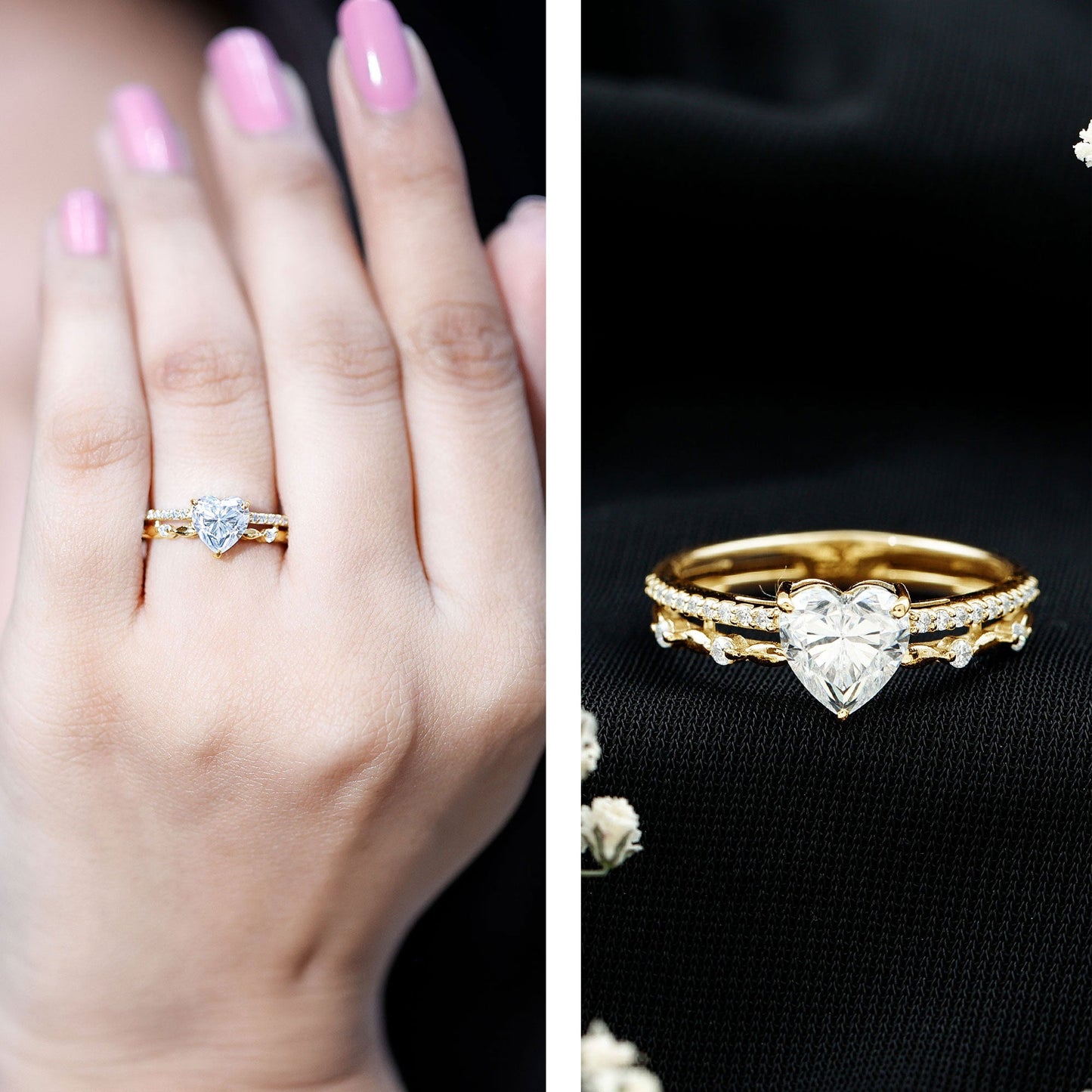 1.5 Carat Heart Moissanite Solitaire Double Band Ring Set