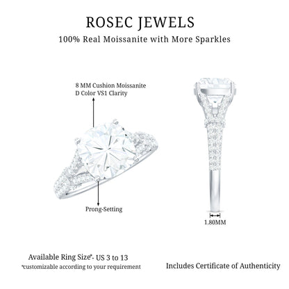 Cushion Cut Moissanite Solitaire Engagement Ring with Split Shank