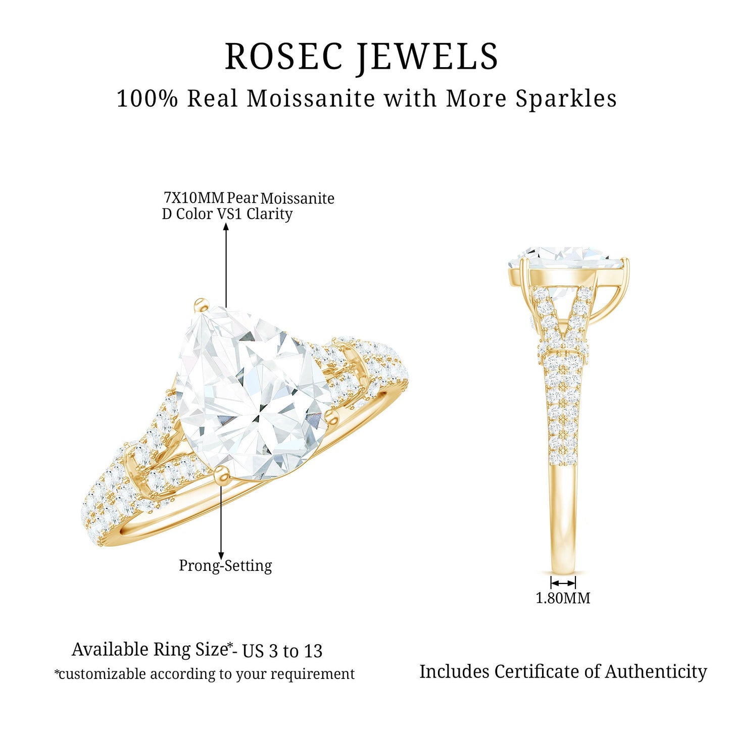 Pear Shaped Moissanite Solitaire Engagement Ring in Split Shank