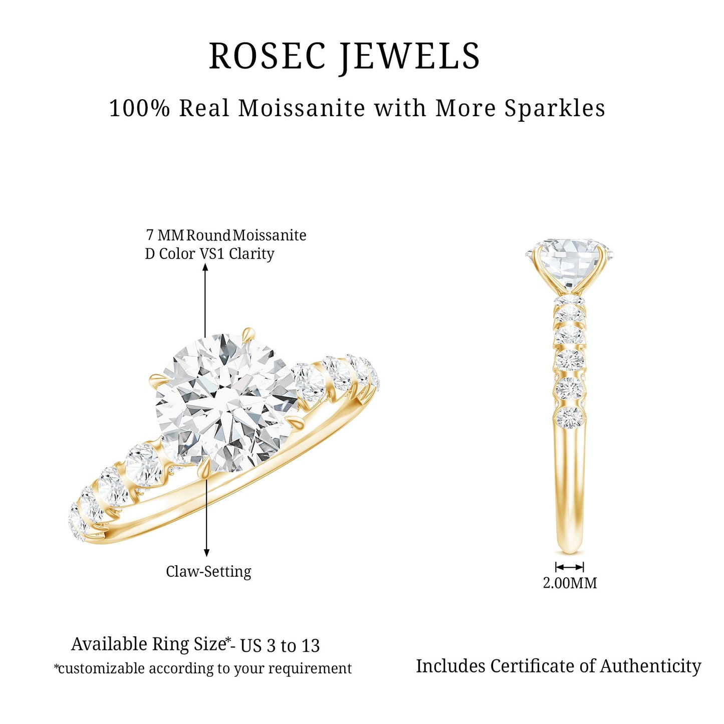 Round Cut Moissanite Solitaire Engagement Ring with Side Stones
