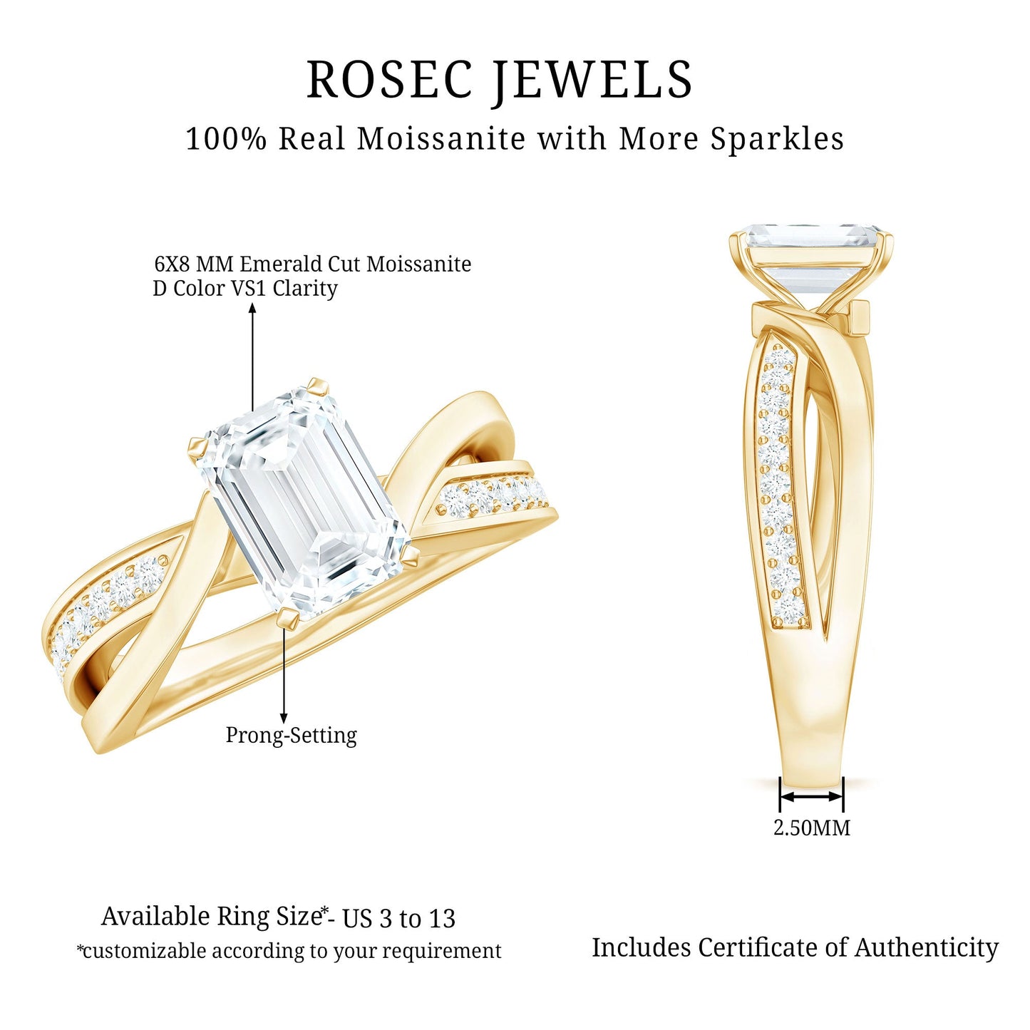 1.8 Carat Emerald Cut Moissanite Infinity Engagement Ring
