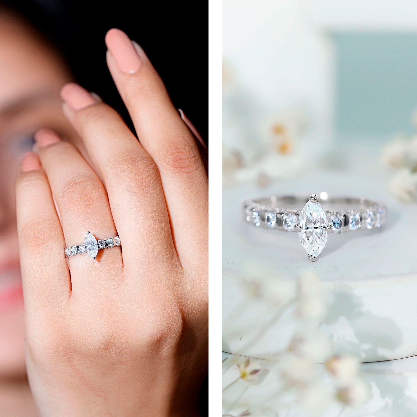 Marquise Moissanite Solitaire Engagement Ring with Side Stones