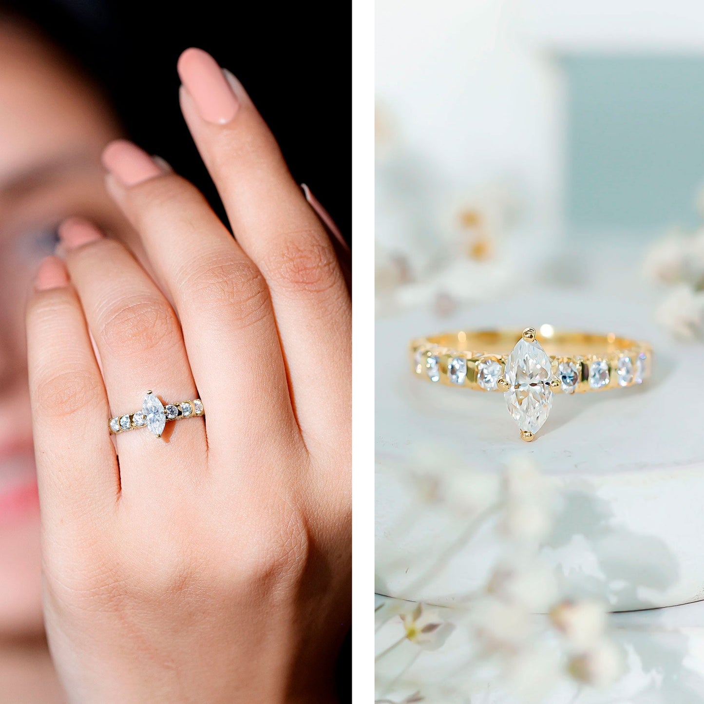 Marquise Moissanite Solitaire Engagement Ring with Side Stones