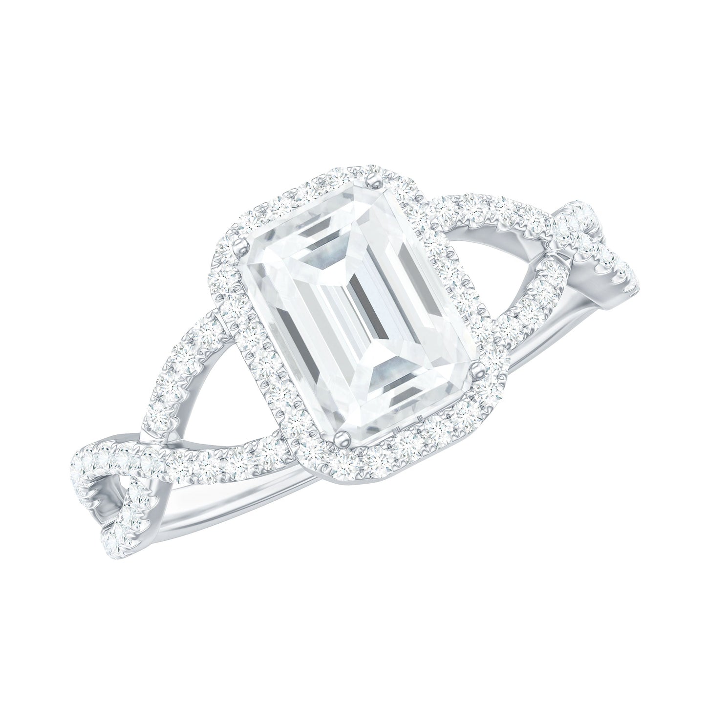 Certified Emerald Cut Moissanite Statement Ring with Crossover Shank